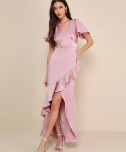V-Neck Ruffles Asymmetrical A-Line Bridesmaid Maxi Dress