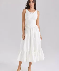 Bohemian Solid Color Sleeveless Lace Up Resort Wear Midi Dress
