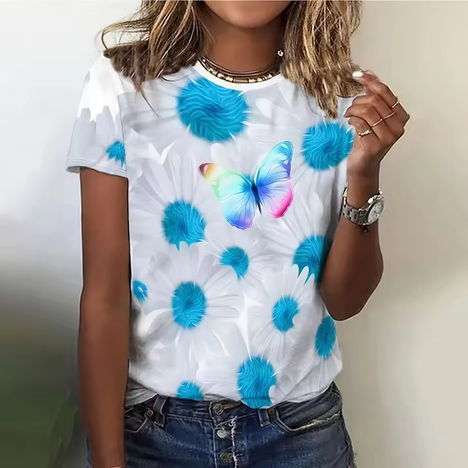 Casual 3d Floral Printing Oversized Pullover T Shirt