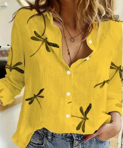 Casual Dragonfly Print Lapel Neck Long Sleeve Blouse Shirts