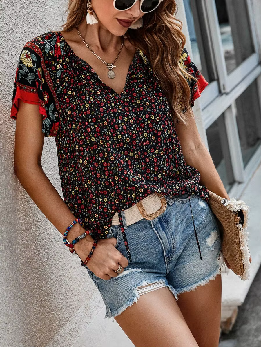 Casual Floral V-Neck Short Sleeve Bohemian Beach Style Printed Shirt