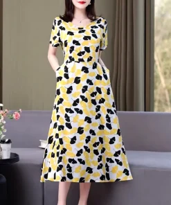 Vintage O-Neck Print Short Sleeve Slim Midi Dress