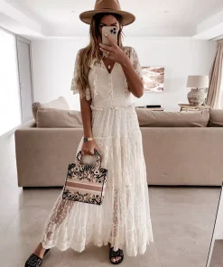 Casual Sheer Layered V-Neckline And Short Sleeves Lace Maxi Dress