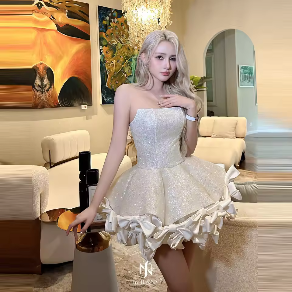 Elegant Beading Crystal Strapless Puffy Birthday Party Mini Dress