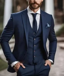 Elegant Peak Lapel Jacket Groom Tuxedo 3 Pieces Blazer Vest and Pants Set Formal Men’s Suit