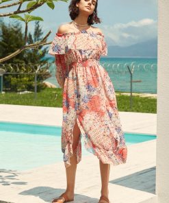 Floral Print Smocked Ruffle Slit Bohemian Dress