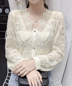 Lace Blouse V-Neck Long Sleeve Casual Shirts