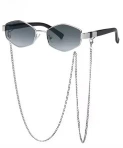 Retro Hexagon With Chain Designer Unique Small Frame Sunglasses
