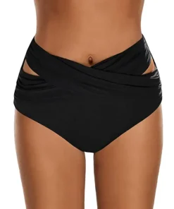 Ruched Cross Strap Design Solid Color Beachwear High Waist Swimming Pants