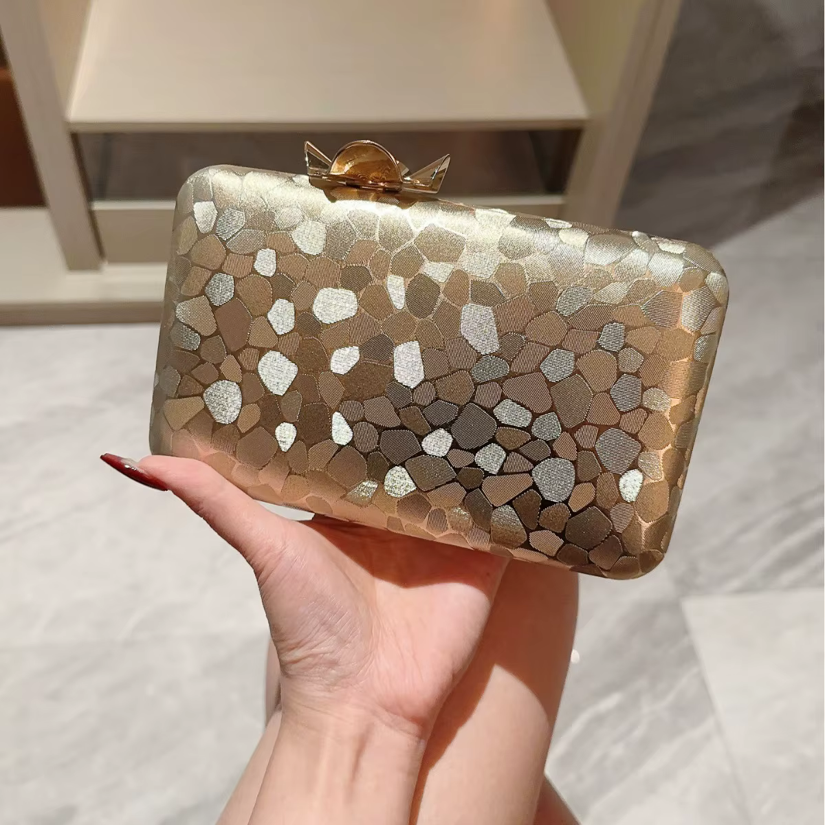Stone Skin Gold Leather Wedding Dinner Party Banquet with Chain Mini Pillow Clutch Shoulder Purse