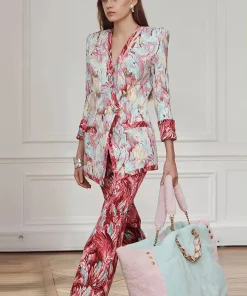 Trendy Double Breasted Sleeve Feather Printed Blazer Flare Pants Designer Suit Set