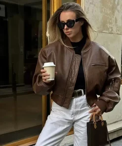 Vintage Imitation Leather O-neck Zipper Pockets Loose Short High Street Outwear Jacket