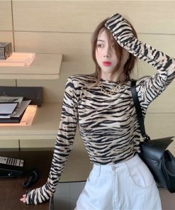 Zebra Print T-Shirt Tight-Fitting Slim Long-Sleeved Crop Top